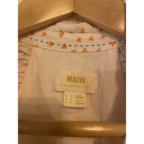 Anthropologie Maeve Midi Shirt Dress 2 S Puff Sleeve Tie Front Collar Triangles - Picture 3 of 7